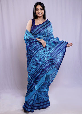 Blue Printed Pure Silk Saree With Blouse Piece - Indian Silk House Agencies