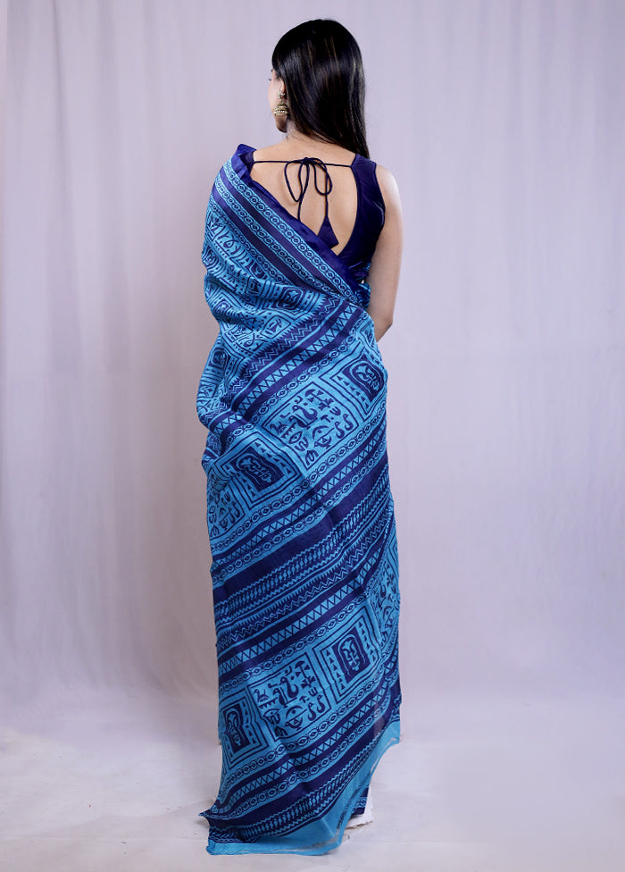 Blue Printed Pure Silk Saree With Blouse Piece - Indian Silk House Agencies