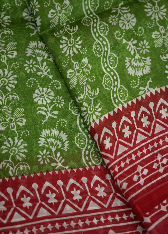 Green Printed Pure Silk Saree With Blouse Piece - Indian Silk House Agencies