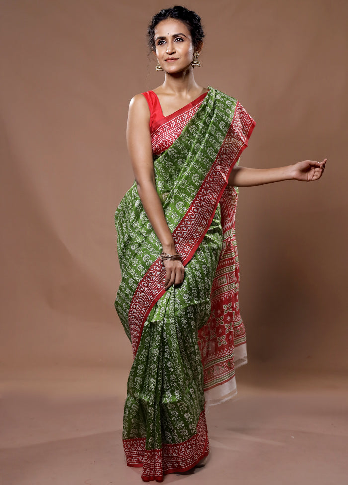 Green Printed Pure Silk Saree With Blouse Piece - Indian Silk House Agencies