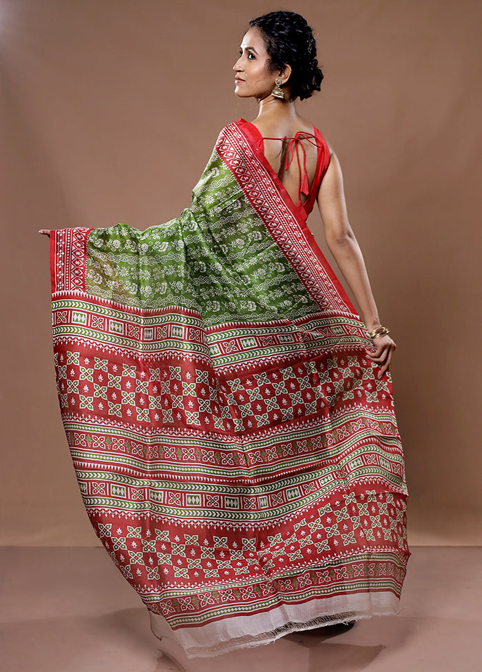 Green Printed Pure Silk Saree With Blouse Piece - Indian Silk House Agencies