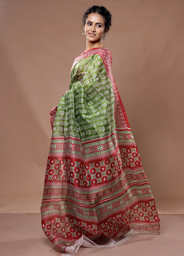 Green Printed Pure Silk Saree With Blouse Piece - Indian Silk House Agencies