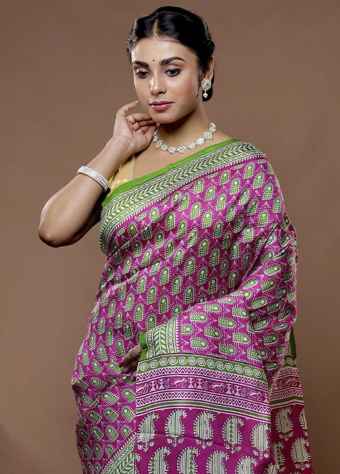 Pink Printed Pure Silk Saree With Blouse Piece - Indian Silk House Agencies