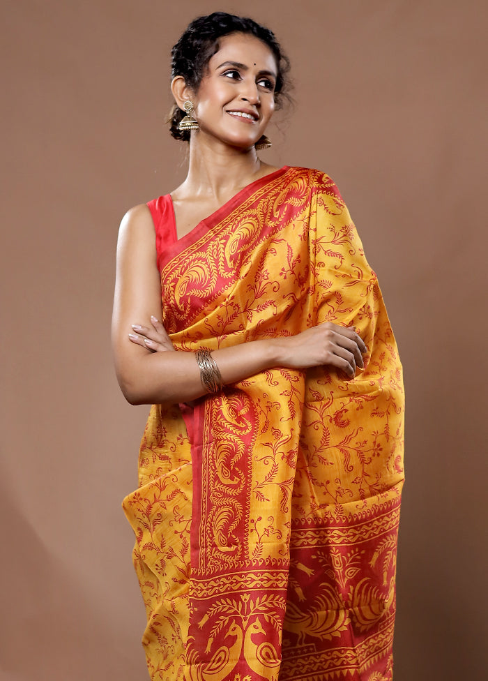 Yellow Printed Pure Silk Saree With Blouse Piece - Indian Silk House Agencies