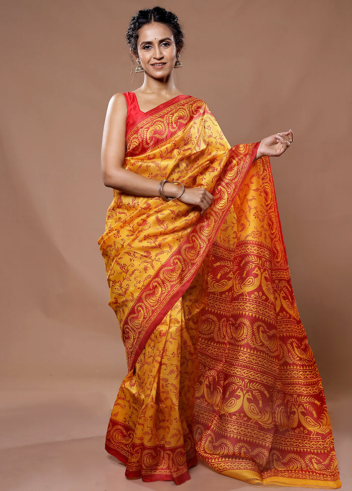 Yellow Printed Pure Silk Saree With Blouse Piece - Indian Silk House Agencies