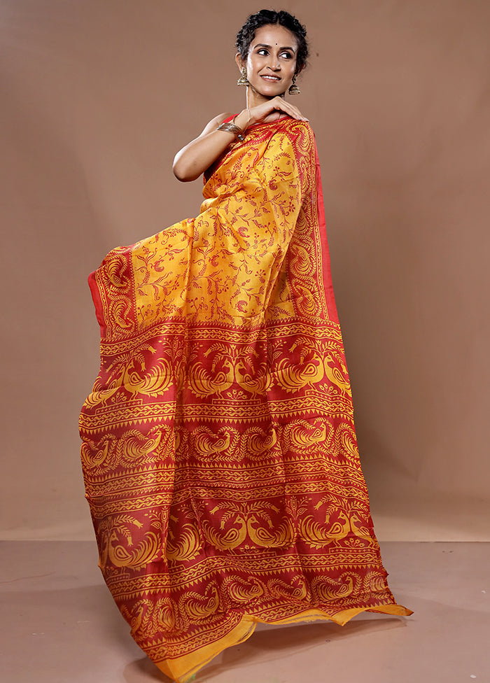 Yellow Printed Pure Silk Saree With Blouse Piece - Indian Silk House Agencies