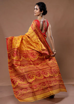 Yellow Printed Pure Silk Saree With Blouse Piece - Indian Silk House Agencies