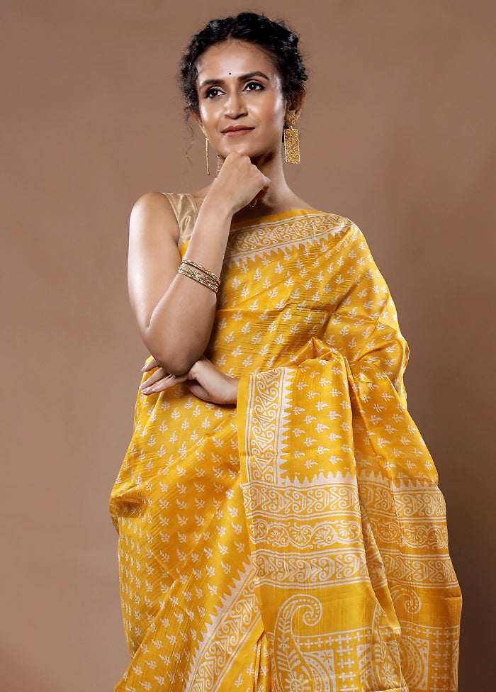 Yellow Printed Pure Silk Saree With Blouse Piece - Indian Silk House Agencies