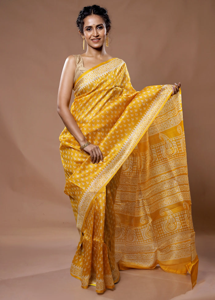 Yellow Printed Pure Silk Saree With Blouse Piece - Indian Silk House Agencies