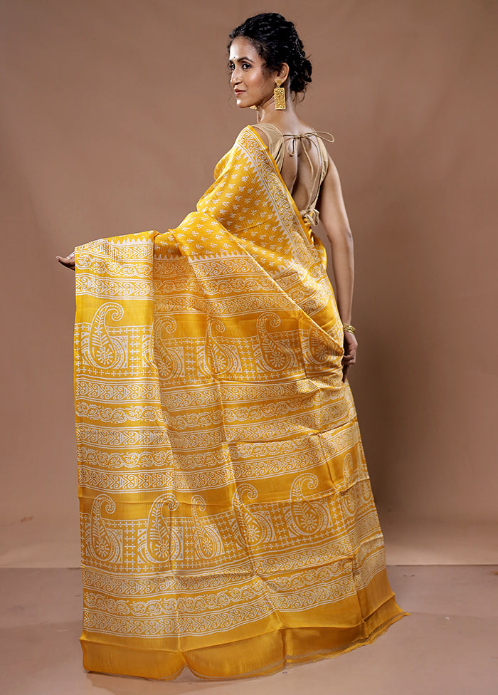 Yellow Printed Pure Silk Saree With Blouse Piece - Indian Silk House Agencies