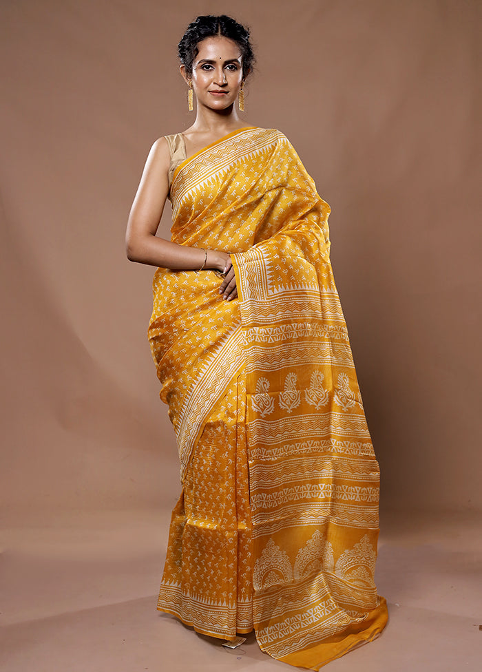 Yellow Printed Pure Silk Saree With Blouse Piece - Indian Silk House Agencies