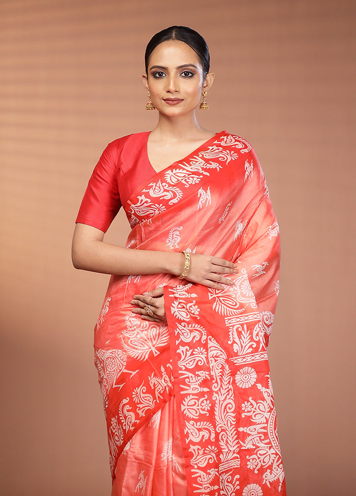 Rust Printed Pure Silk Saree Without Blouse Piece