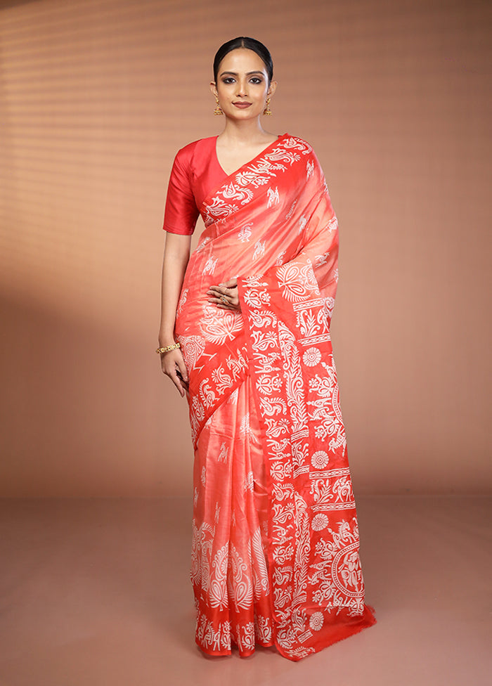 Rust Printed Pure Silk Saree Without Blouse Piece