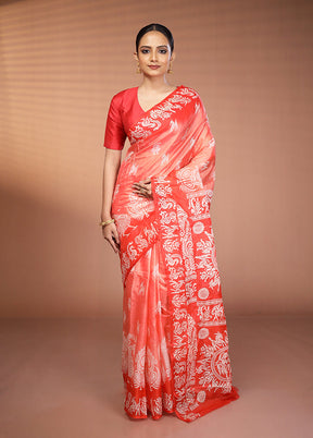 Rust Printed Pure Silk Saree Without Blouse Piece