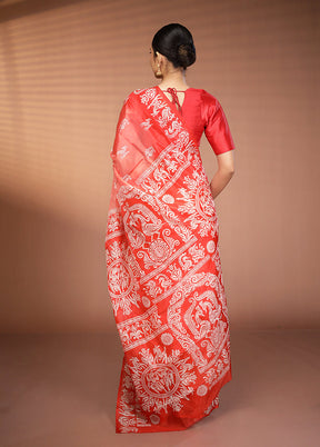 Rust Printed Pure Silk Saree Without Blouse Piece