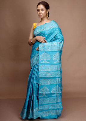 Blue Tussar Silk Saree With Blouse Piece - Indian Silk House Agencies