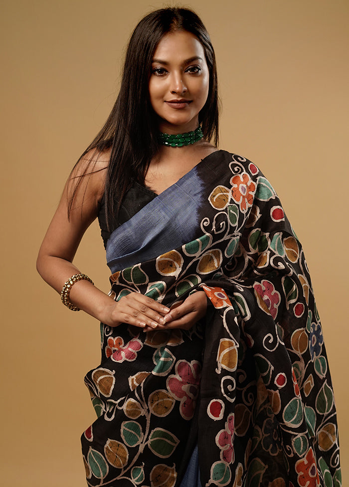 Black Printed Pure Silk Saree With Blouse Piece - Indian Silk House Agencies