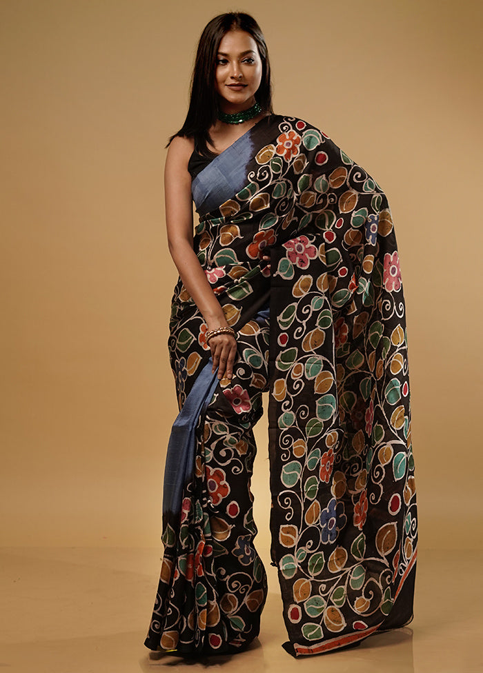 Black Printed Pure Silk Saree With Blouse Piece - Indian Silk House Agencies