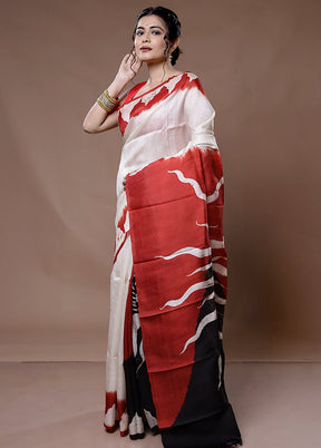 White Printed Pure Silk Saree With Blouse Piece - Indian Silk House Agencies