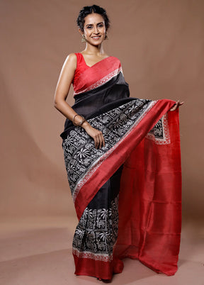 Black Printed Pure Silk Saree With Blouse Piece - Indian Silk House Agencies