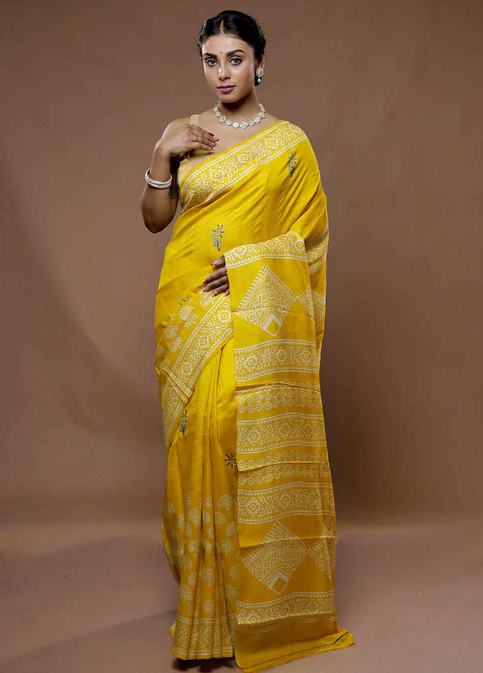 Yellow Printed Pure Silk Saree With Blouse Piece - Indian Silk House Agencies