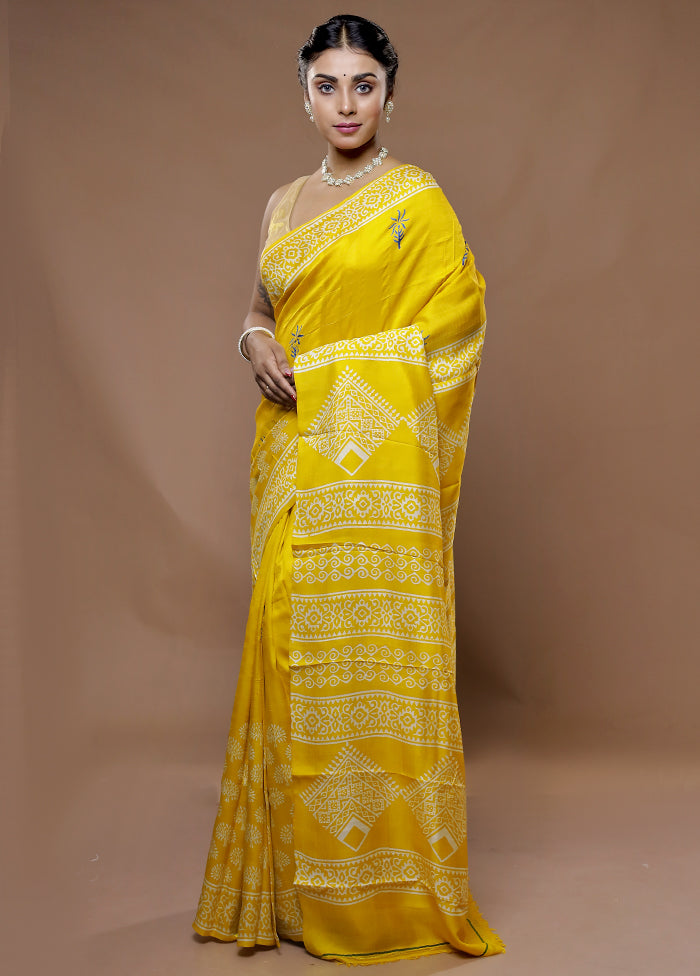 Yellow Printed Pure Silk Saree With Blouse Piece - Indian Silk House Agencies