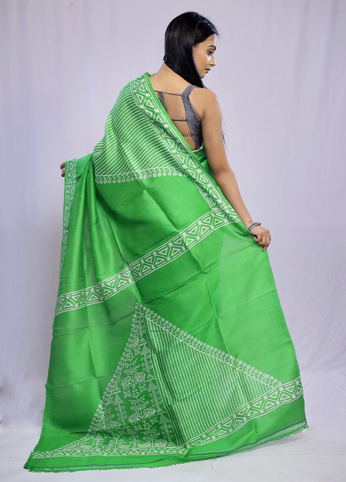 Green Printed Pure Silk Saree With Blouse Piece - Indian Silk House Agencies