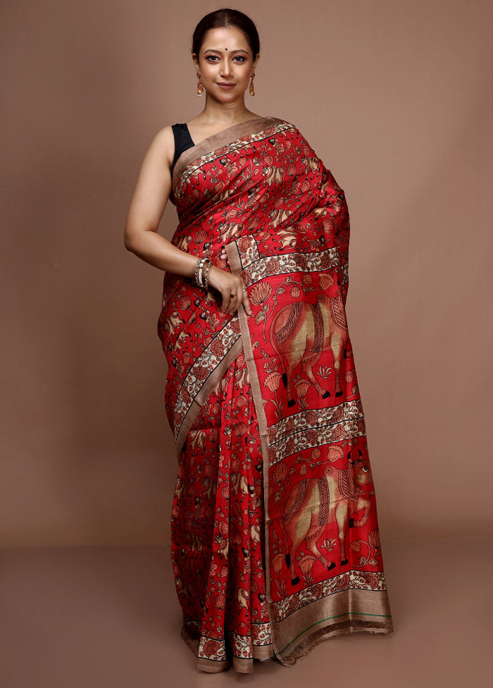 Red Printed Pure Silk Saree With Blouse Piece - Indian Silk House Agencies