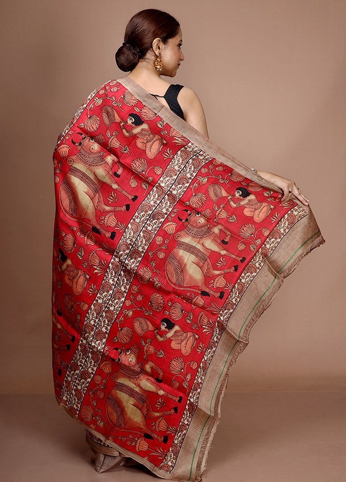 Red Printed Pure Silk Saree With Blouse Piece - Indian Silk House Agencies