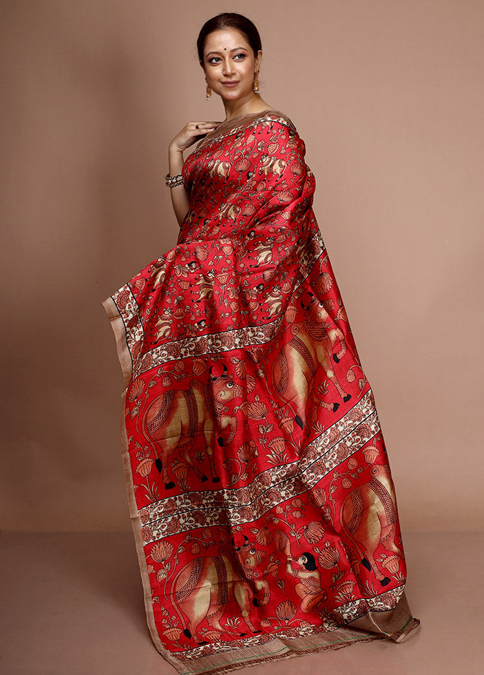 Red Printed Pure Silk Saree With Blouse Piece - Indian Silk House Agencies