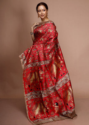 Red Printed Pure Silk Saree With Blouse Piece - Indian Silk House Agencies