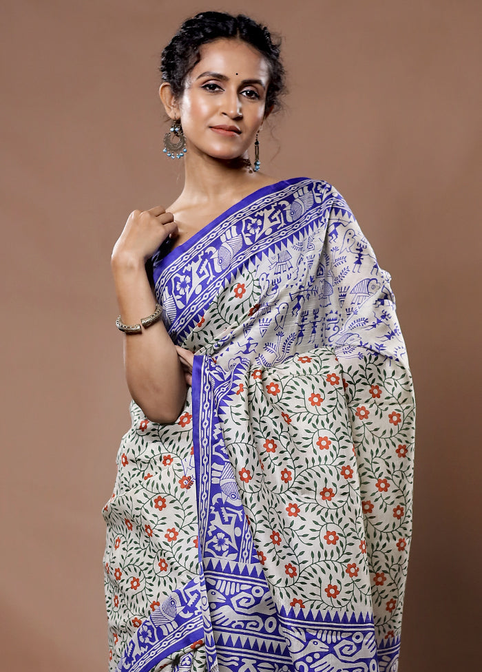 Cream Printed Pure Silk Saree With Blouse Piece - Indian Silk House Agencies