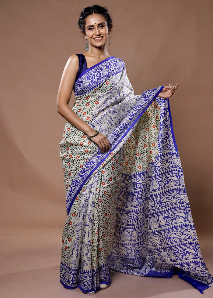 Cream Printed Pure Silk Saree With Blouse Piece - Indian Silk House Agencies