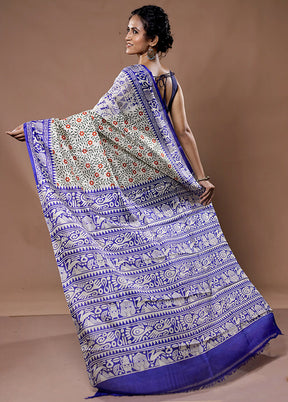 Cream Printed Pure Silk Saree With Blouse Piece - Indian Silk House Agencies