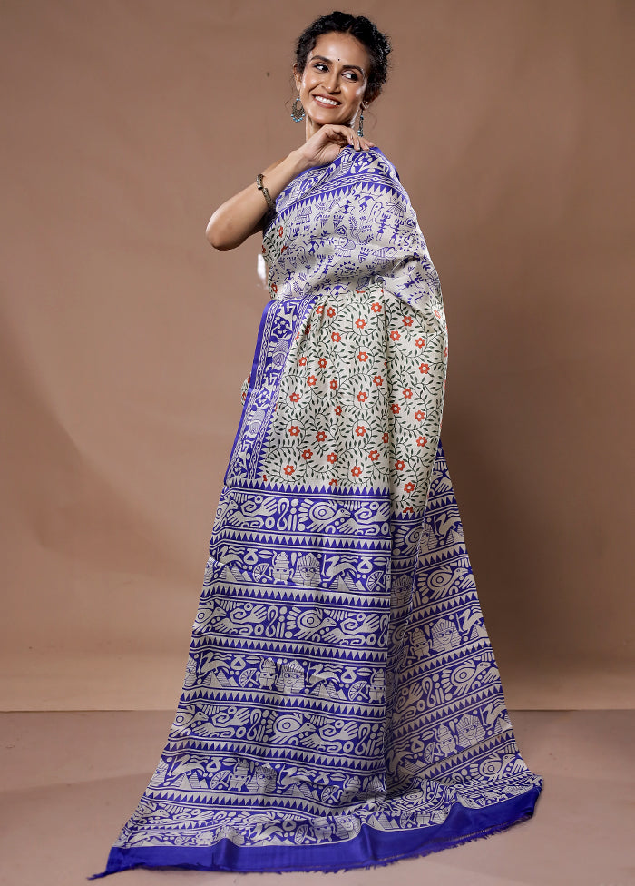 Cream Printed Pure Silk Saree With Blouse Piece - Indian Silk House Agencies