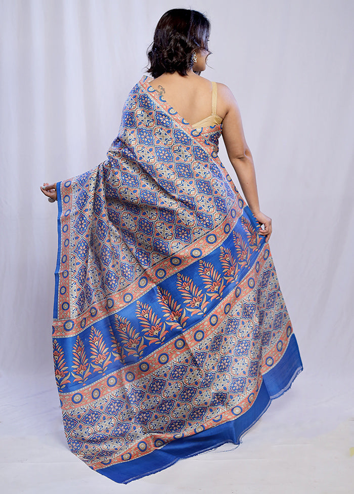 Blue Printed Pure Silk Saree With Blouse Piece - Indian Silk House Agencies