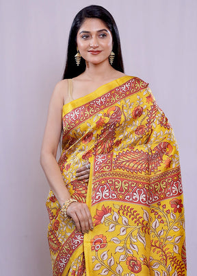 Yellow Printed Pure Silk Saree With Blouse Piece - Indian Silk House Agencies