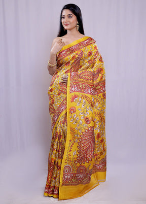 Yellow Printed Pure Silk Saree With Blouse Piece - Indian Silk House Agencies