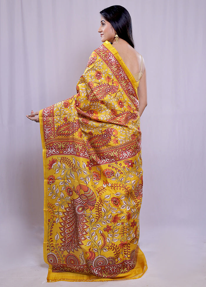 Yellow Printed Pure Silk Saree With Blouse Piece - Indian Silk House Agencies