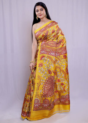 Yellow Printed Pure Silk Saree With Blouse Piece - Indian Silk House Agencies