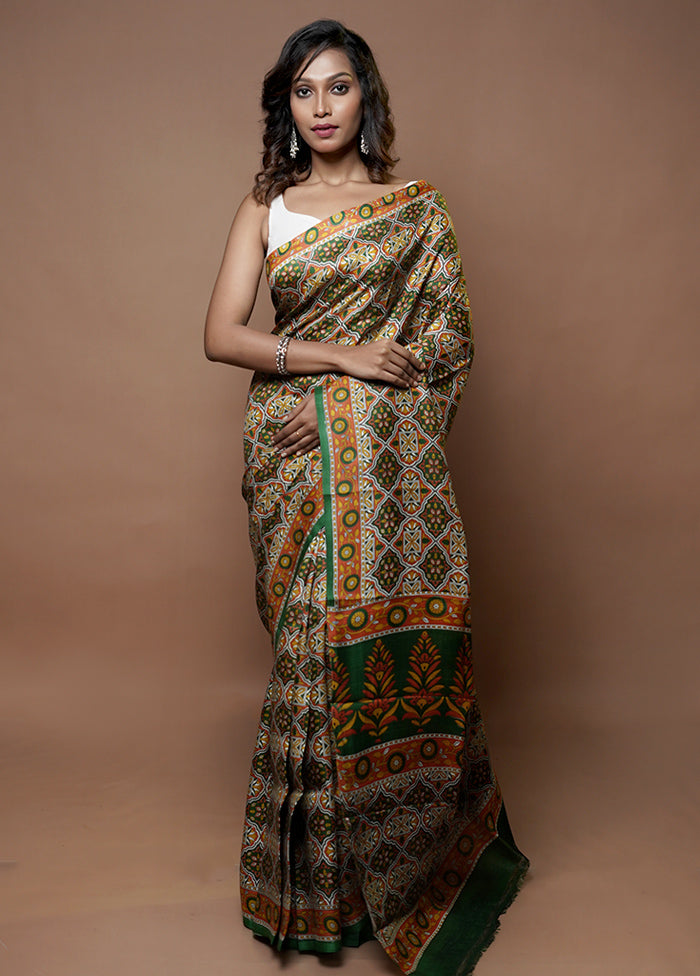 Blue Printed Pure Silk Saree Without Blouse Piece