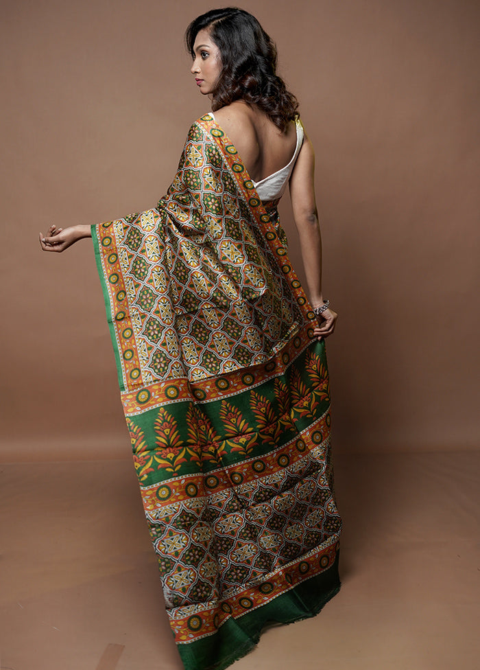 Blue Printed Pure Silk Saree Without Blouse Piece