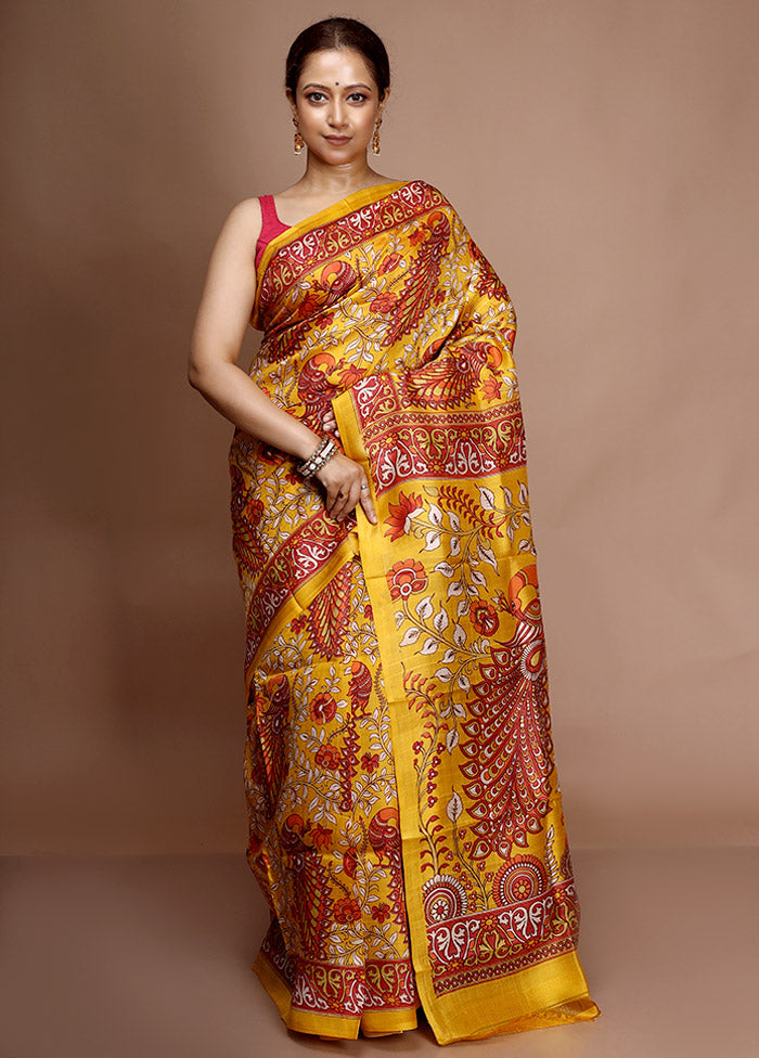 Yellow Printed Pure Silk Saree With Blouse Piece - Indian Silk House Agencies