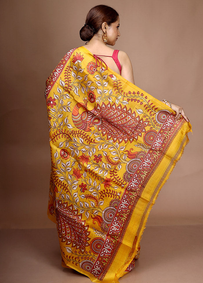 Yellow Printed Pure Silk Saree With Blouse Piece - Indian Silk House Agencies