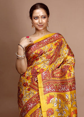 Yellow Printed Pure Silk Saree With Blouse Piece - Indian Silk House Agencies