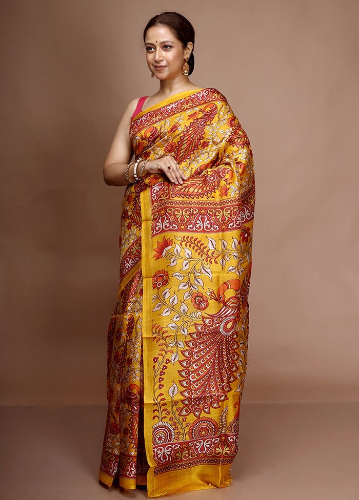 Yellow Printed Pure Silk Saree With Blouse Piece - Indian Silk House Agencies