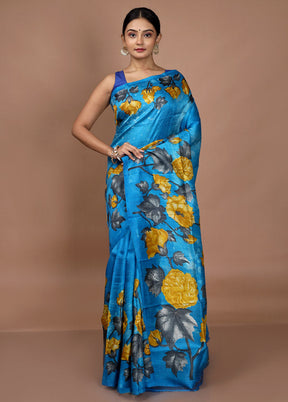 Sky Blue Printed Pure Silk Saree With Blouse Piece - Indian Silk House Agencies