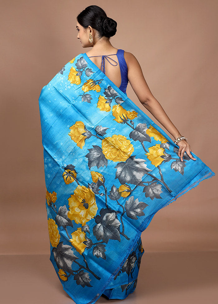 Sky Blue Printed Pure Silk Saree With Blouse Piece - Indian Silk House Agencies