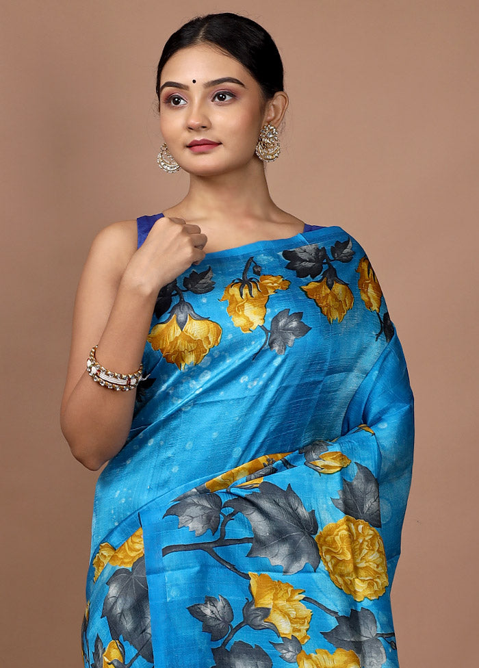 Sky Blue Printed Pure Silk Saree With Blouse Piece - Indian Silk House Agencies