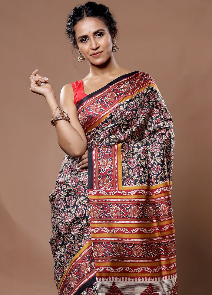 Black Printed Pure Silk Saree With Blouse Piece - Indian Silk House Agencies